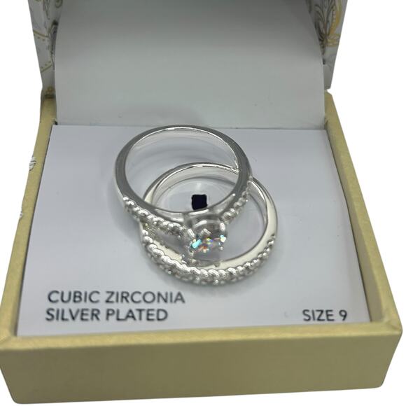 NEW Charter Club Silver Ring Set Size 9 Cubic Zirconia Silver Plated Engagement - Picture 1 of 14
